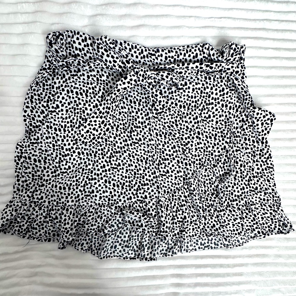 Express | Black & White Dotted Ruffled Wrap Mini Skirt with Tie